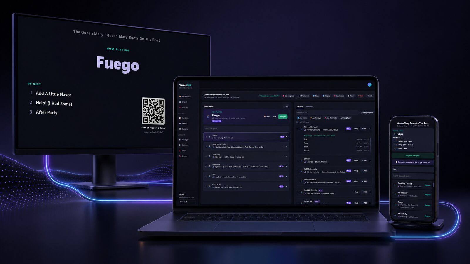 VenueCue across a display, laptop dashboard, and guest phone
